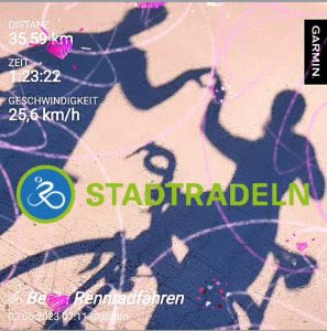Distanz: 35,59 km
Zeit: 1:23:22
Geschwindigkeit: 25,6 km/h
Hintergrund: Radler-Schattenbild mit Herz