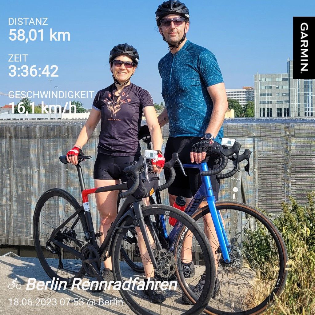 Distanz: 58,01 km
Zeit: 3:36:42
Geschwindigkeit: 16,1 km/h

Wir stehen mit unseren Fahrrädern vor dem Velodrom.