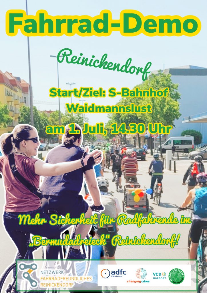 Fahrrad-Demo in Reinickendorf am 1. Juli ab 14.30 Uhr. Start/Ziel: S-Bahnhof Waidmannslust