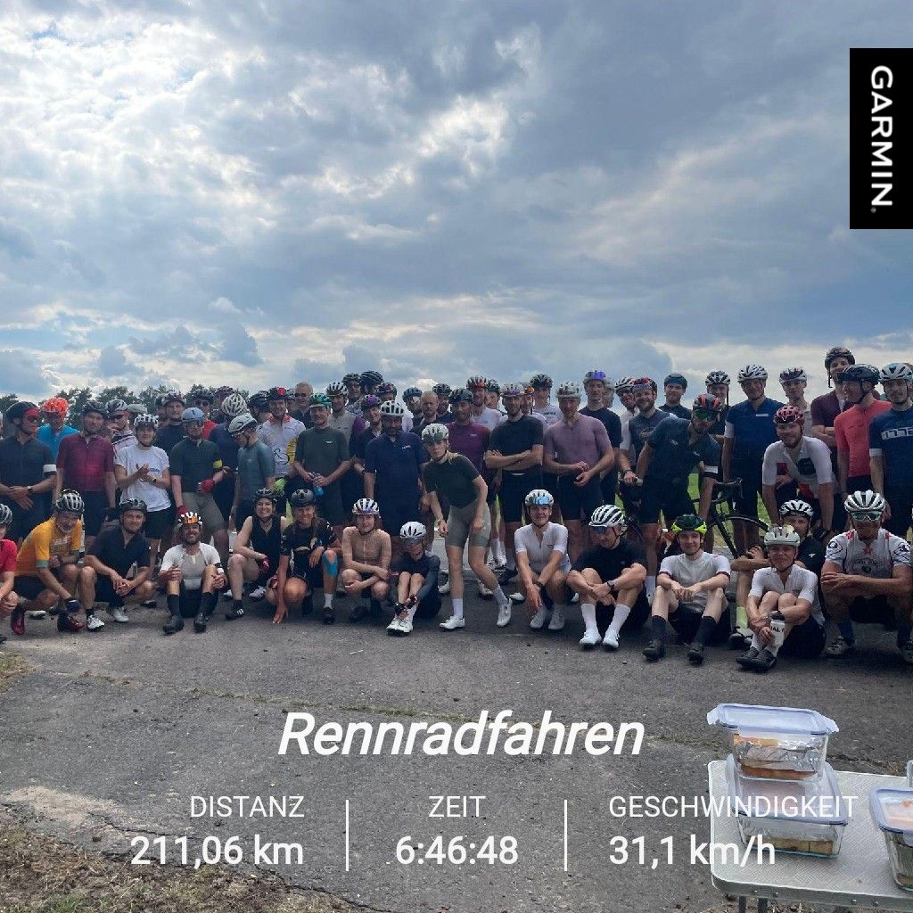 Distanz: 211 KM
Zeit: 6:46:48 h
Geschwindigkeit: 31.1 km/h

Hintergrund: Teilnehmer-Gruppenfoto - 50 Männer 8 Frauen